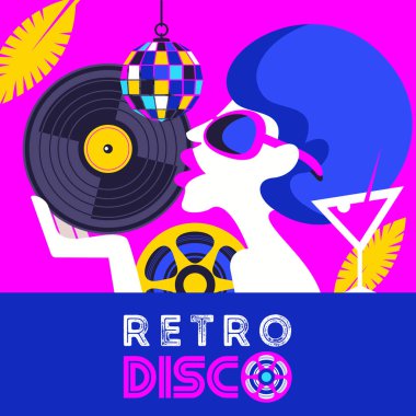 Retro disko parti. Renkli vektör çizim, poster. Vinil güzel zenci kız kaydetmek el.