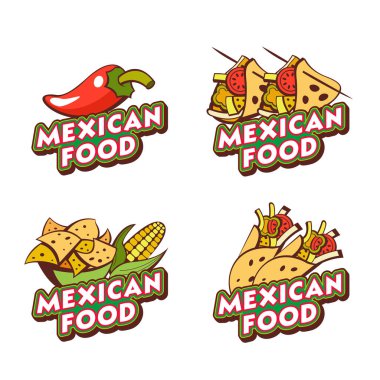 Set of vector emblems, logos. Mexican food. Tacos, buritos, nachos, chili. clipart