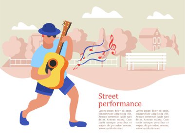 Sokak müzisyeni. Adam gitar çalıyor. Sokak performansı. Müzikal gösteri. Vektör çizim.