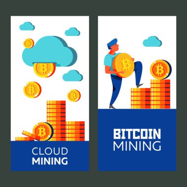 Madencilik bulut. Bulutlardan dağılan bitcoin lira. Bitcoin incelemesi. Vektör kavramsal çizimi. Cryptocurrency.