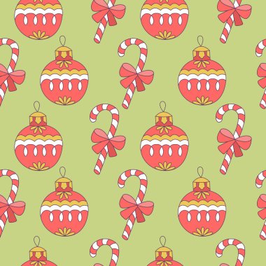 Dikişsiz Noel desen. Noel topları ve çizgili lolipop. Açık yeşil arka planı üzerinde. Vektör çizim.