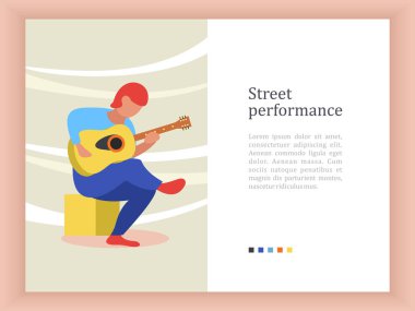 Sokak müzisyeni. Adam gitar çalıyor. Sokak performansı. Müzikal gösteri. Vektör çizim.