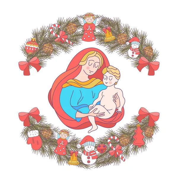 圣诞快乐 向量圣诞贺卡 杉木花圈装饰着圣诞装饰品 圣母玛利亚抱着婴儿耶稣 — 图库矢量图片