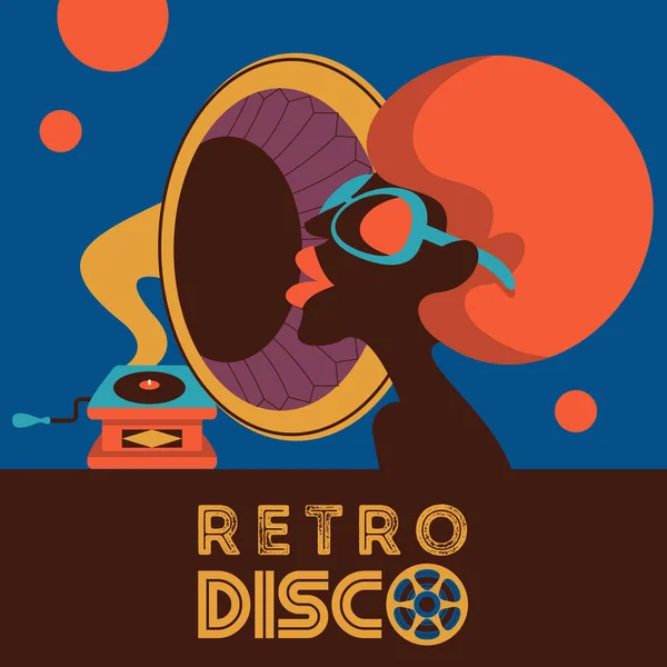 Petrecere Retro Disco Ilustrație Vectorială Colorată Poster Frumoasă Fată Neagră — Vector de stoc