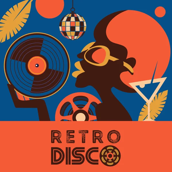 Retro Disco Party Kleurrijke Vectorillustratie Poster Mooie Zwarte Meid Met — Gratis stockfoto