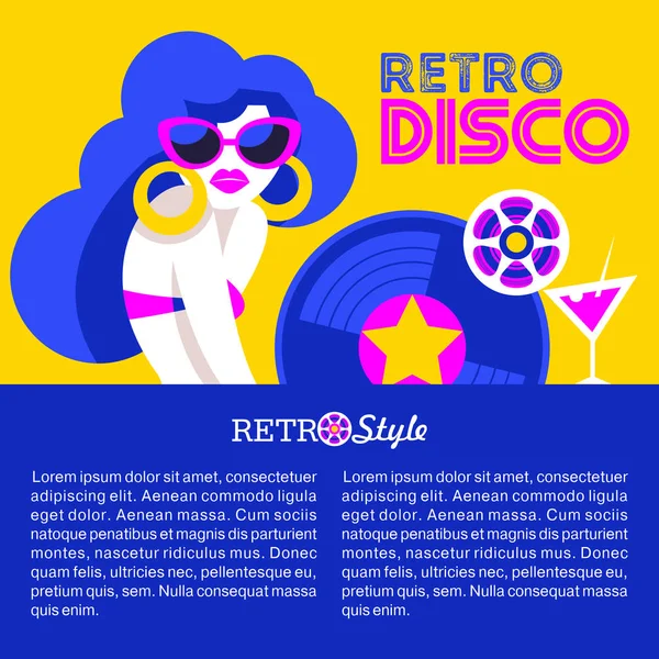 Fiesta Retro Disco Ilustración Vectorial Colorido Cartel Hermosa Chica Gafas — Vector de stock