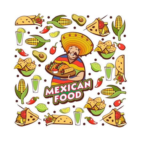 Mexicansk Mad Populær Mexicansk Mad Fastfood Sjov Mexicaner Poncho Sombrero – Stock-vektor