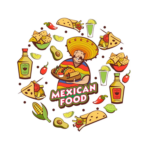 Mexikanisches Essen Beliebte Mexikanische Küche Fast Food Lustiger Mexikaner Poncho — Stockvektor