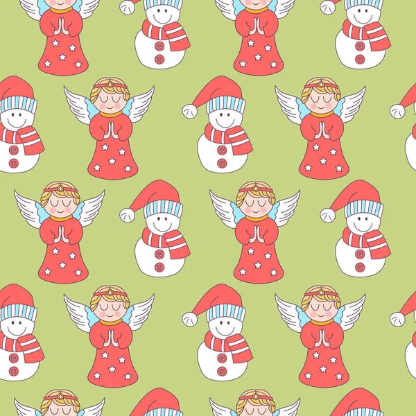 Vzor Bezešvé Vánoční Ozdoby Sněhuláci Roztomilý Andělé Světle Zeleném Pozadí — Stockový vektor