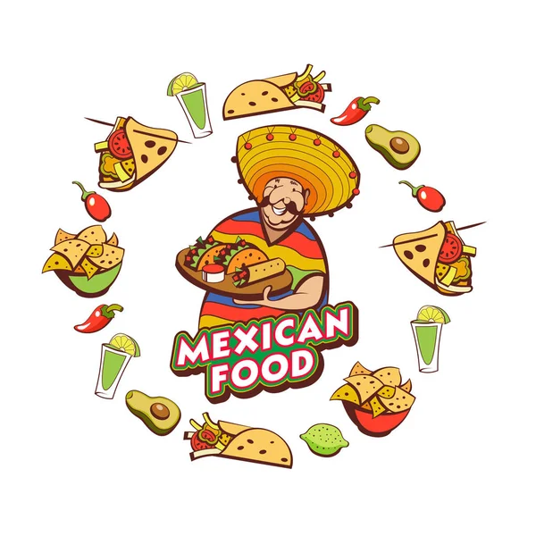 Comida Mexicana Comida Mexicana Popular Comida Rápida Divertido Mexicano Poncho — Vector de stock