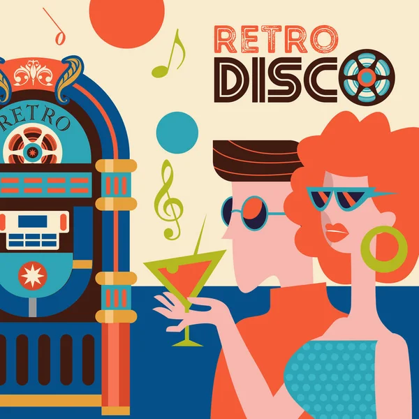 Retro Disco Party Színes Vektoros Illusztráció Poszter Pár Srác Lány — Stock Vector