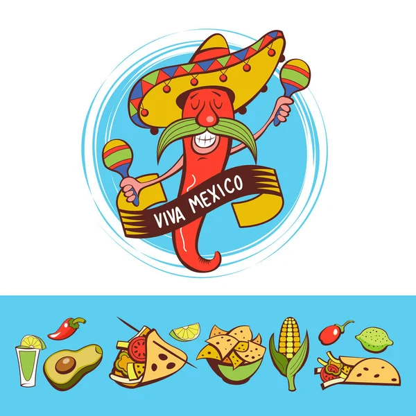 Rode Chili Een Sombrero Dansen Met Maracas Mexicaans Eten Een — Stockvector