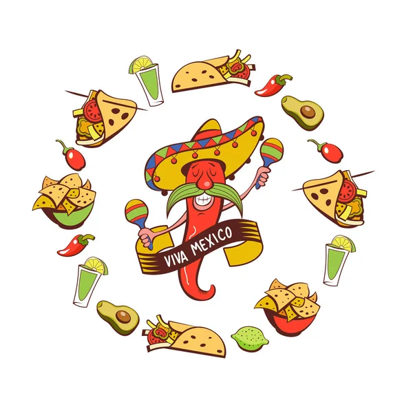 Chili Rojo Sombrero Bailando Con Maracas Comida Mexicana Conjunto Platos — Vector de stock