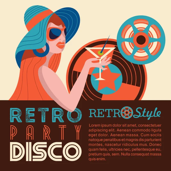 Retro Disco Party Színes Vektoros Illusztráció Poszter Szép Lány Napszemüveg — Stock Vector