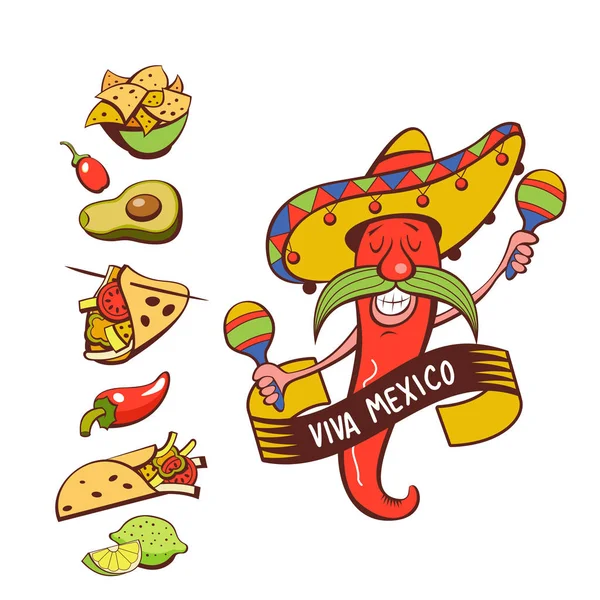 Fötr Şapkalı Kırmızı Biber Marakalarla Dans Ediyor Meksika Yemeği Bir — Stok Vektör