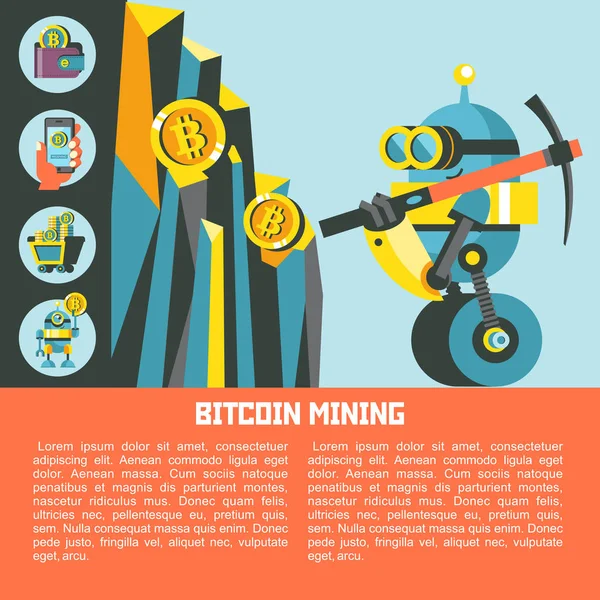 귀여운 마이닝 Bitcoins입니다 Bitcoins와 산입니다 Bitcoin 광업입니다 그림입니다 Cryptocurrency — 스톡 벡터