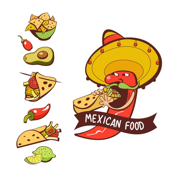 Czerwone Chili Sombrero Jedzące Burrito Meksykańskie Jedzenie Zestaw Popularnych Meksykańskich — Wektor stockowy