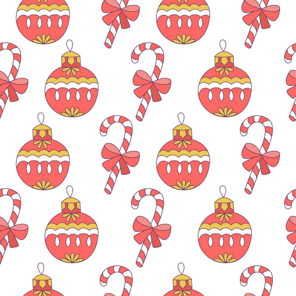 Бесшовный рождественский узор. Рождественские шары и полосатые леденцы. На белом фоне. Векторная иллюстрация
