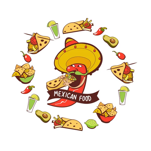 Chili Rojo Sombrero Comiendo Burritos Comida Mexicana Conjunto Platos Mexicanos — Vector de stock