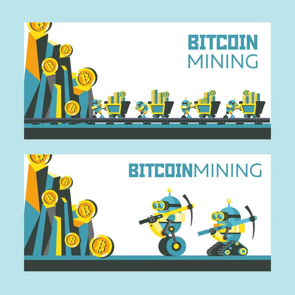 Bitcoin 광업입니다 그림입니다 Cryptocurrency입니다 귀여운 Bitcoins와 카트를 푸시합니다 Bitcoins — 스톡 벡터
