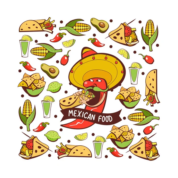 Vörös Chili Sombreróban Burritót Eszik Mexikói Kaja Népszerű Mexikói Ételek — Stock Vector