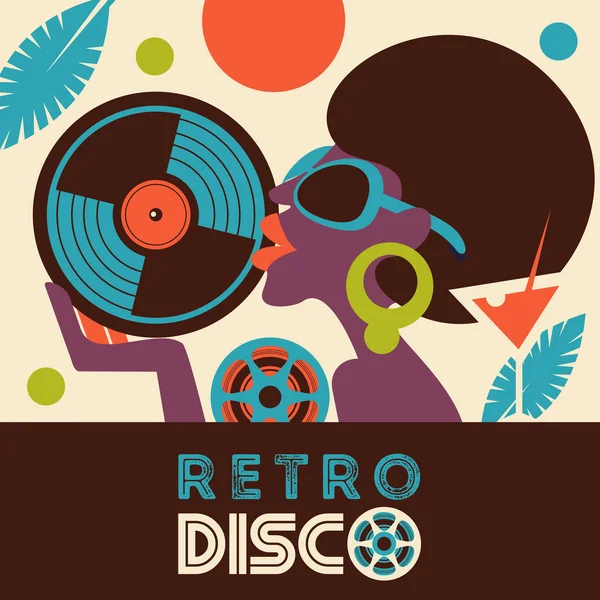 Retro Disco Party Kleurrijke Vectorillustratie Poster Mooie Zwarte Meid Met — Gratis stockfoto