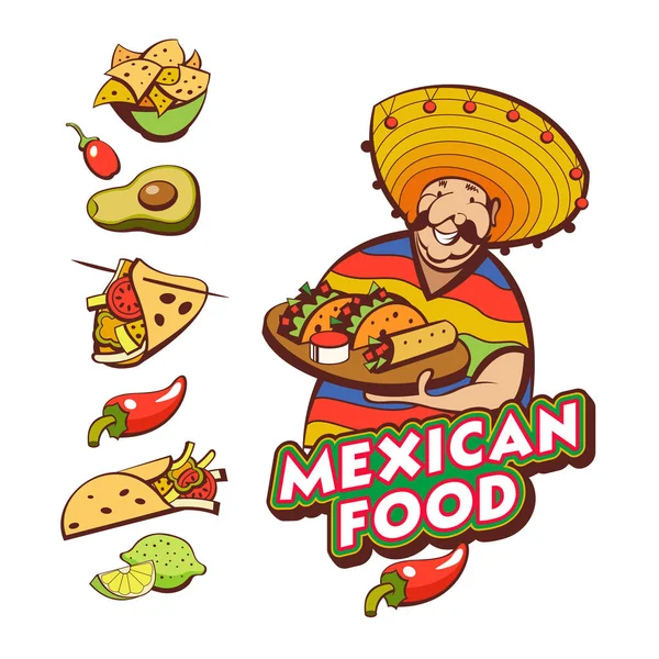 Meksika Yemeği Popüler Meksika Yemeği Lokanta Komik Meksikalı Bir Panço — Stok Vektör