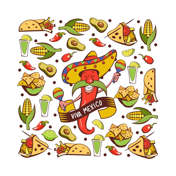 Chili Rojo Sombrero Bailando Con Maracas Comida Mexicana Conjunto Platos — Vector de stock