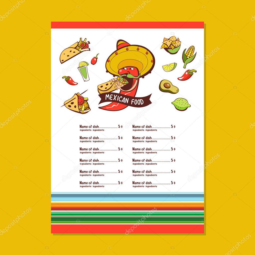 Chili rojo en un sombrero comiendo burritos. Comida mexicana. Un