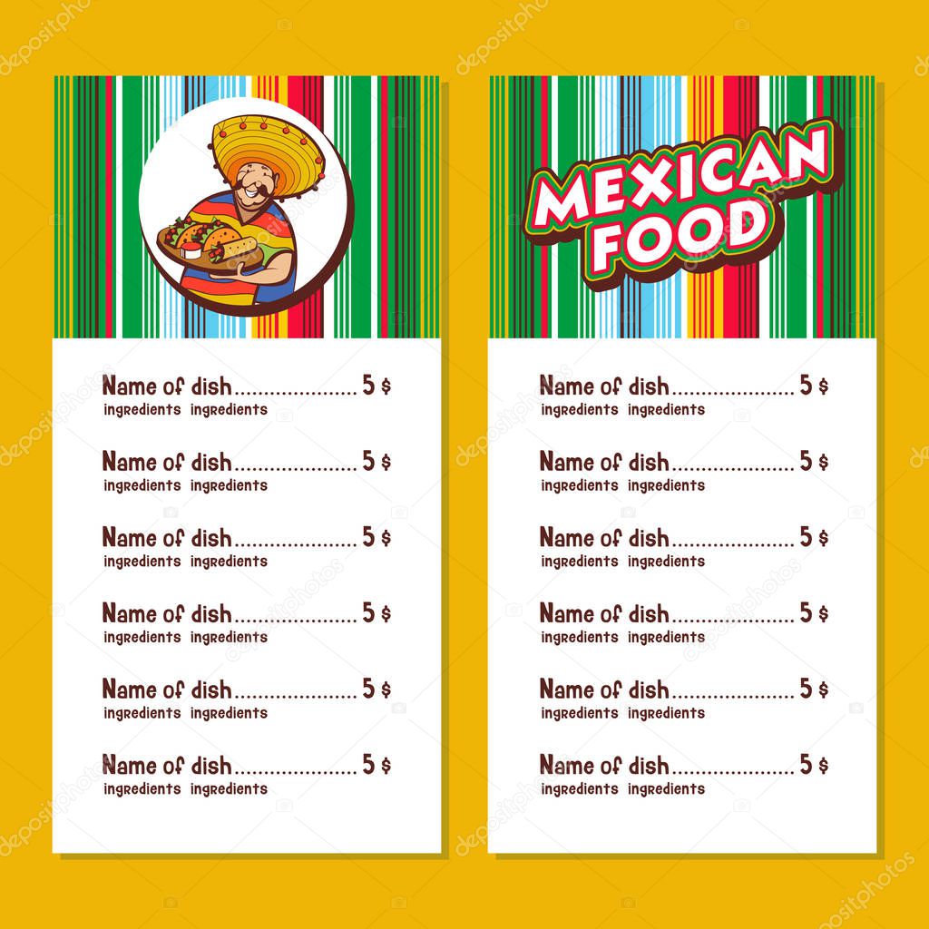 Mexican food. Popular Mexican food, fast food. Funny Mexican in a poncho and sombrero. Vector illustration. The layout of the menu of the Mexican restaurant.