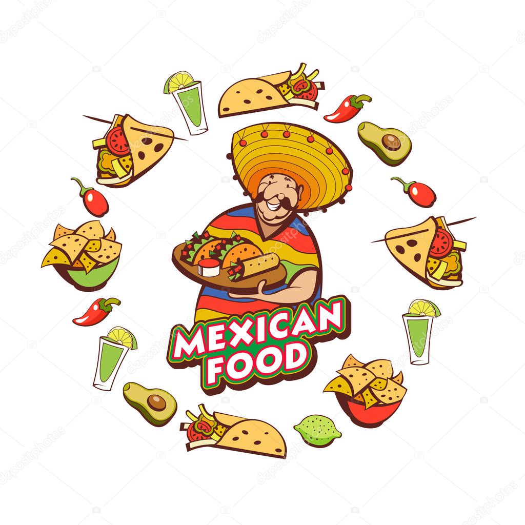 Mexican food. Popular Mexican food, fast food. Funny Mexican in a poncho and sombrero. Vector illustration.