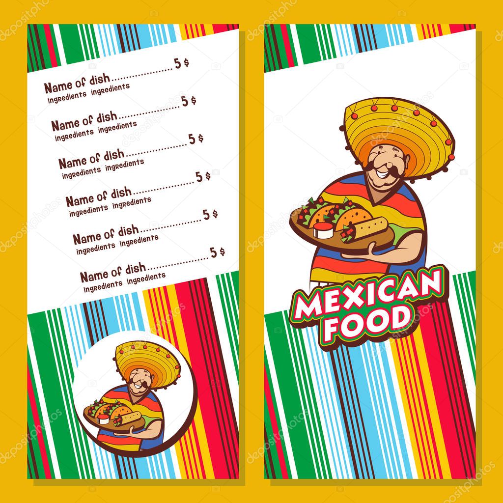 Mexican food. Popular Mexican food, fast food. Funny Mexican in a poncho and sombrero. Vector illustration. The layout of the menu of the Mexican restaurant.