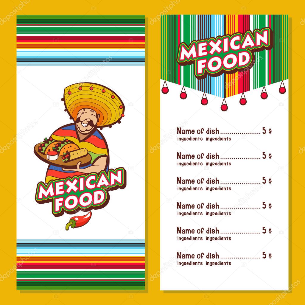 Mexican food. Popular Mexican food, fast food. Funny Mexican in a poncho and sombrero. Vector illustration. The layout of the menu of the Mexican restaurant.