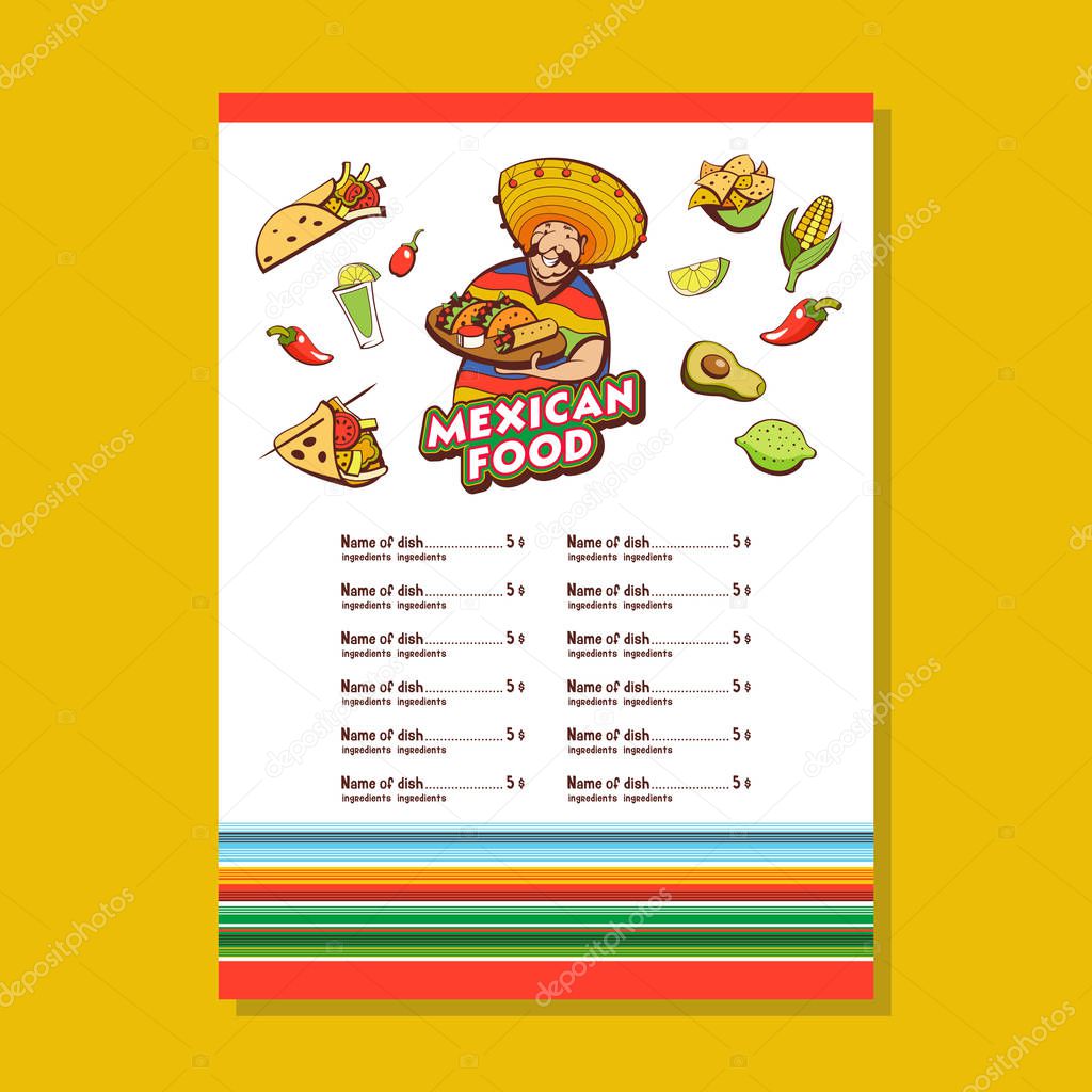Mexican food. Popular Mexican food, fast food. Funny Mexican in a poncho and sombrero. Vector illustration. The layout of the menu of the Mexican restaurant.