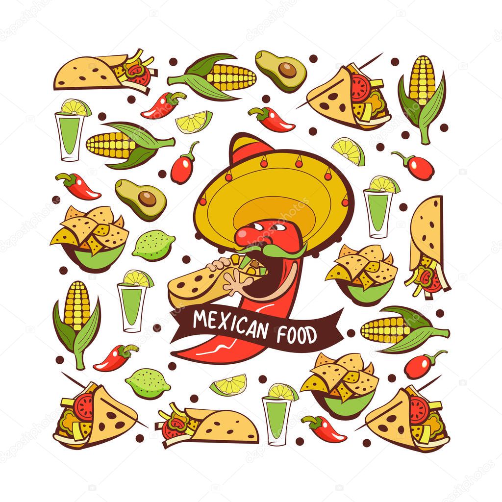 Chili rojo en un sombrero comiendo burritos. Comida mexicana. Un