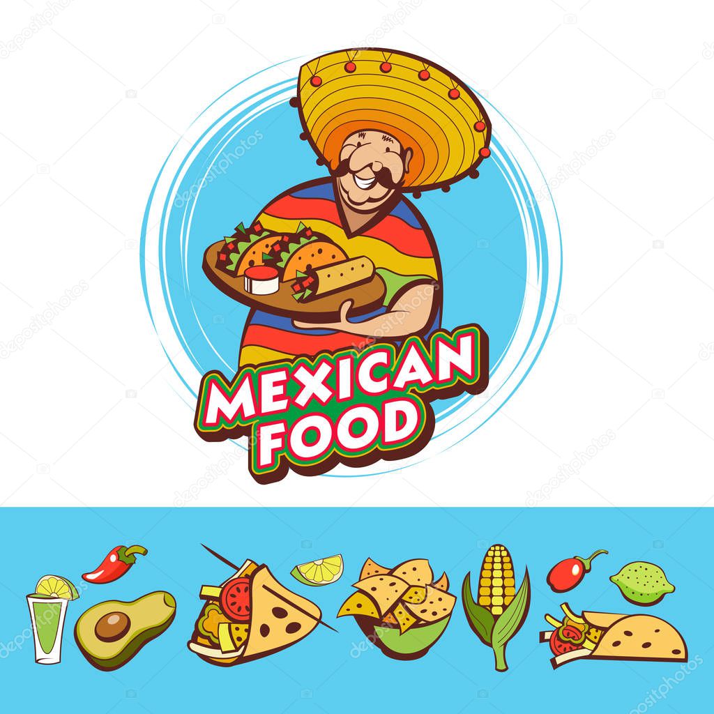Mexican food. Popular Mexican food, fast food. Funny Mexican in a poncho and sombrero. Vector illustration.
