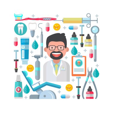 Diş Bakımı. Vektör çizim düz tarzı. Ve diş araçları için dikdörtgen yönelik büyük bir dizi. Kompozisyon merkezinde samimi bir dişçi olduğunu.