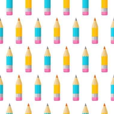 Beyaz arka plan üzerinde renkli kalemler. Eğitim, okul, sonbahar temalı renkli Dikişsiz desen. Düz stil vektör çizim.
