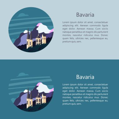 Bavyera, Almanya. Güzel manzaralar, Bavyera geleneksel mimarisi. Kaleler, köyler, şehirler, dağlar, alanları. Kartpostallar, logo, amblem için metin alanı ile.