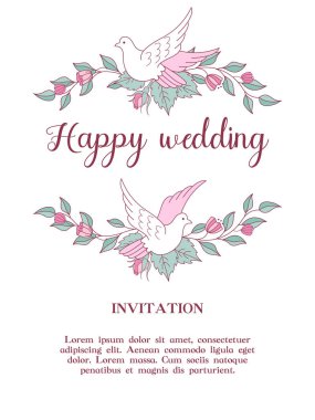 Düğün davetiyesi. Mutlu düğün. Pembe düğün çiçekleri beyaz güvercinler ile çelenk. Metin için yer ile vektör çizim.