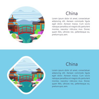 Muhteşem, büyülü Çin. Metin için yer ile amblemi vektör Illustration. Güzel sahne, Çince Geleneksel evleri.