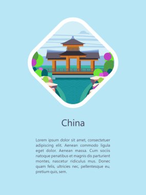 Muhteşem, büyülü Çin. Metin için yer ile amblemi vektör Illustration. Güzel sahne, Çince Geleneksel evleri.