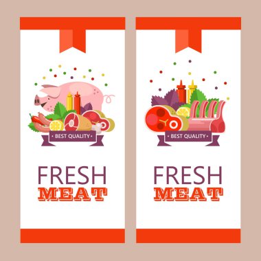 Taze et. Vektör çizim. Çevre dostu ürün. Tarım ürünleri. Bir dizi farklı et ürünleri ve şirin domuz.