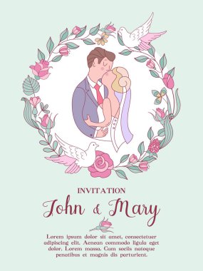 Düğün davetiyesi. Gelin ve damat düğün çiçekleri ve beyaz güvercinler çelenk içinde öpüşme ile güzel düğün kartı. Metin için yer ile vektör çizim.