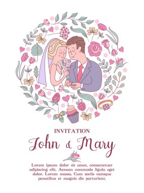 Düğün davetiyesi. Güzel düğün kartı. Gelin ve damat Nikah yüzükleri, güzel düğün çiçekleri tarafından çevrili değişimi. Metin için yer ile vektör çizim.