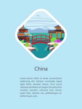 Muhteşem, büyülü Çin. Metin için yer ile amblemi vektör Illustration. Güzel sahne, Çince Geleneksel evleri.