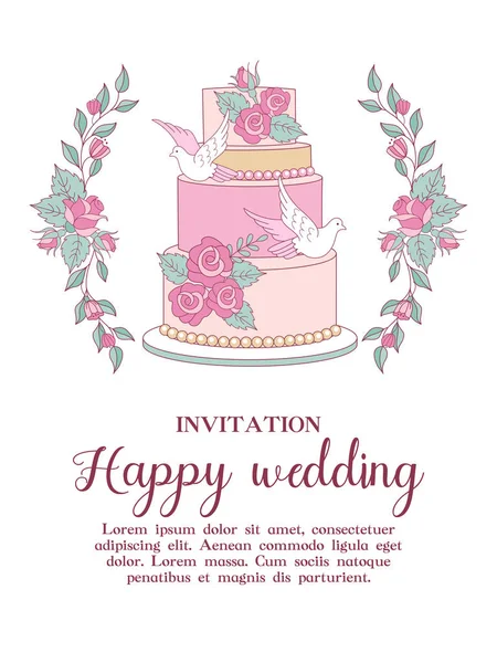 Invito Matrimonio Matrimoni Felici Ghirlande Fiori Sposa Rosa Grande Torta — Vettoriale Stock