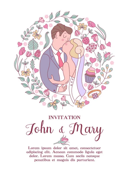Une Invitation Mariage Belle Carte Mariage Avec Baiser Mariée Marié — Image vectorielle