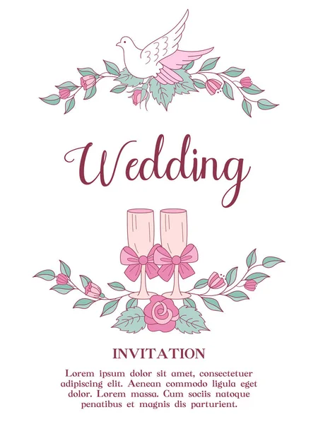 Convite Casamento Felizes Casamentos Grinaldas Flores Casamento Rosa Com Pombas — Vetor de Stock
