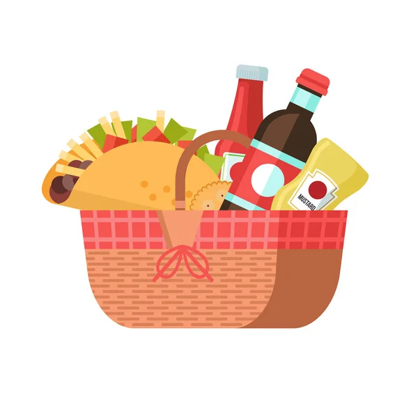 Cesto Picnic Con Cibo Bevande Tacos Ketchup Senape Illustrazione Vettoriale — Vettoriale Stock